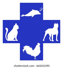 Veterinary cross with dog, dolphin, rooster and cat inside. Logo klinik. Doctors save the life of animals