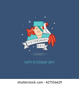 Veterinary Day Celebration flat design template for greeting cards, posters and banners. Linear color veterinary character with parrot and cat on his shoulders on blue color background