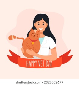 Veterinary Day. Woman Veterinarian  Doctor with Happy Cat. Cute Vector Illustration in Flat Cartoon Style.