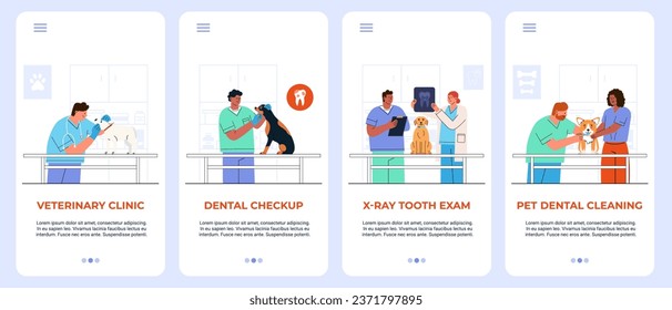 Veterinary, Dentistry, Healthcare checkup Pet. Template banner mobile app set. Dental Care, X-ray, brush teeth treatment domestic animals. Flat vector illustration page UI design