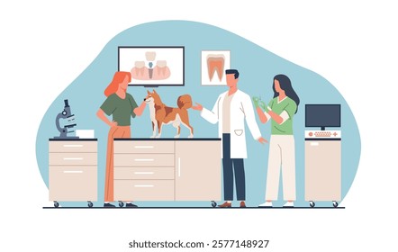 Veterinary dentistry treats dog teeth. Pet with owner in clinic. professional health care for animals. Doctor and nurse. Medical consultation cartoon flat style isolated vector concept