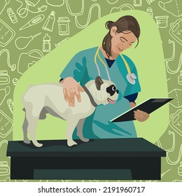 Veterinärdesign. Ein Tierarzt mit einem Hund. Ein Hund nach dem Termin eines Tierarztes. Untersuchung durch einen Tierarzt. Banner, Druck, Flyer, Postkarte. Vektorgrafik. Skizze