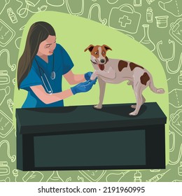 Veterinary design. A veterinarian with a dog. A dog at a vet's appointment. Examination by a veterinarian. Banner, print, flyer, postcard. Vector illustration. Sketch