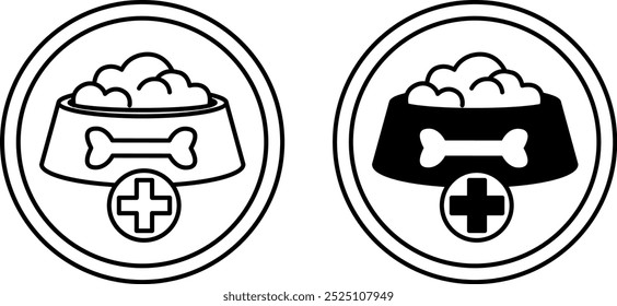 Veterinary Diet Labels. Black and White Vector Icons. Pet Bowl and Diet Food. Cat Food Properties. Food Packaging Sticker