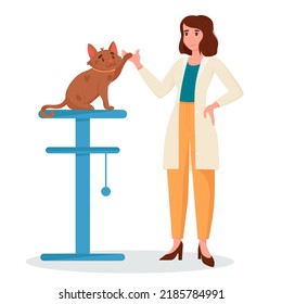 Veterinary doctor appointment. A female veterinarian treats a dog. Pet care, animal medical diagnosis. Flat vector illustration