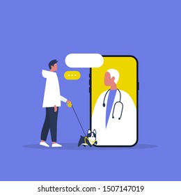 Veterinary doctor appointment. Online consultation. Modern healthcare technologies. Hospital. Millennial male patient with a dog. Flat editable vector illustration, clip art