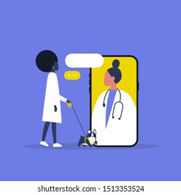 Veterinary doctor appointment. Online consultation. Modern healthcare technologies. Hospital. Millennial black female patient with a dog. Flat editable vector illustration, clip art