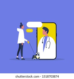 Veterinary doctor appointment. Online consultation. Modern healthcare technologies. Hospital. Millennial female patient with a dog. Flat editable vector illustration, clip art