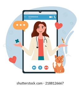 Veterinary Doctor Appointment. Online Veterinarian Consultation. Pet Care, Animal Medical Diagnosis, Mobile Application. Flat Vector Illustration