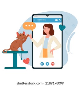 Veterinary doctor appointment. Online veterinarian consultation. Pet care, animal medical diagnosis, mobile application. Flat vector illustration