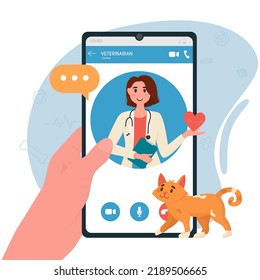 Veterinary doctor appointment. Online veterinarian consultation. Pet care, animal medical diagnosis, mobile application. Flat vector illustration