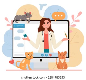 Veterinary doctor appointment. Online veterinarian consultation. Pet care, animal medical diagnosis, desktop application. Flat vector illustration