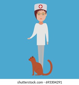 Veterinary doctor with a cat in a flat style
