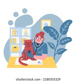 Veterinary doctor with cat. Smiling female veterinary professional. Cartoon veterinary and cat. Vector illustration