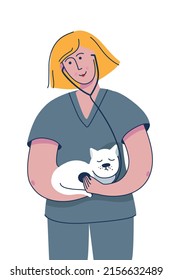 Veterinary doctor   cat  Veterinarian listening and stethoscope cat  Vector illustration