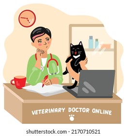 Médico veterinario revisando el gato por video enlace. Consulta veterinaria en línea. Ilustración vectorial dibujada a mano. Adecuado para sitio web de veterinaria, postales.