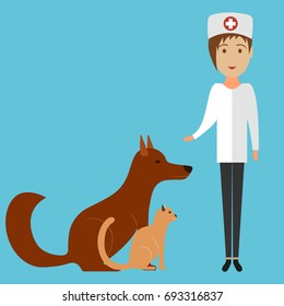Veterinary doctor with a dog and a cat in a flat style