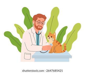 Médico veterinário examinando e cura gato no consultório veterinário. Animal de estimação em uma clínica veterinária. Dia do veterinário. Ilustração vetorial em estilo plano