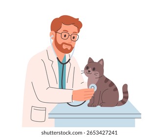 Veterinary doctor examining and cure cat in veterinarian office. Pet in a veterinary clinic. Veterinarian day. Vector illustration in flat style