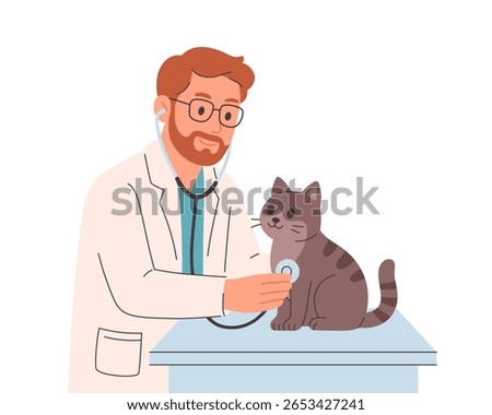 Veterinary doctor examining and cure cat in veterinarian office. Pet in a veterinary clinic. Veterinarian day. Vector illustration in flat style