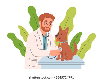 Médico veterinário examinando e curar o cão. Dia do veterinário. Ilustração vetorial em estilo plano