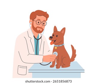 Veterinary doctor examining and cure dog. Veterinarian day. Vector illustration in flat style