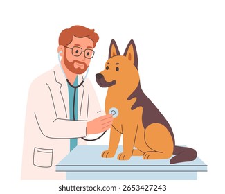 Médico veterinário examinando e curar o cão. Dia do veterinário. Ilustração vetorial em estilo plano