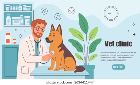 Veterinary doctor examining and cure pet in veterinarian office. Pets in a veterinary clinic. Veterinarian day. Vector illustration in flat style