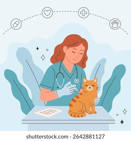 Veterinary doctor examining and cure pet in veterinarian office. Pets in a veterinary clinic. Veterinarian day. Vector illustration in flat style