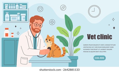 Veterinary doctor examining and cure pet in veterinarian office. Pets in a veterinary clinic. Veterinarian day. Vector illustration in flat style