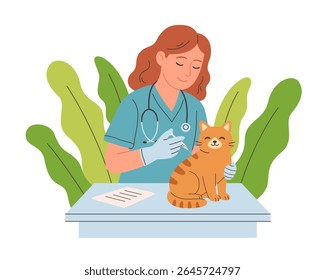 Médico veterinário examinando e curar animal de estimação no consultório veterinário. Animais numa clínica veterinária. Dia do veterinário. Ilustração vetorial em estilo plano