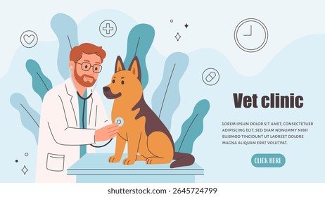 Veterinary doctor examining and cure pet in veterinarian office. Pets in a veterinary clinic. Veterinarian day. Vector illustration in flat style