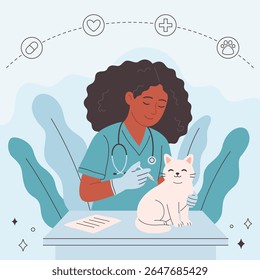 Médico veterinário examinando e curar animal de estimação no consultório veterinário. Animais numa clínica veterinária. Dia do veterinário. Ilustração vetorial em estilo plano