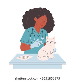 Médico veterinário examinando e curar animal de estimação no consultório veterinário. Animais numa clínica veterinária. Dia do veterinário. Ilustração vetorial em estilo plano