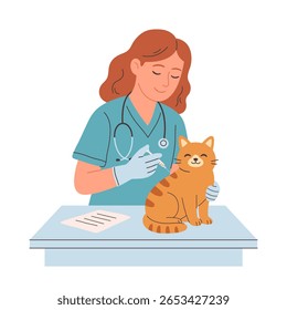 Médico veterinário examinando e curar animal de estimação no consultório veterinário. Animais numa clínica veterinária. Dia do veterinário. Ilustração vetorial em estilo plano
