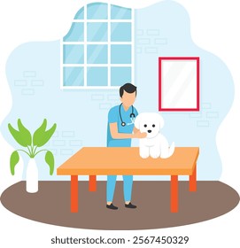 veterinary doctor examining the Cute Puppy concept, vet physician Holding kitty vector color icon design, Pet foster and hotel Symbol, kennel animals Sign, Human-animal interaction scene illustration