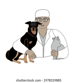 Veterinary doctor in medical uniform with pets - dog and cat. Good advertising of animals shelter or veterinary clinic.