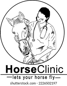 Veterinary doctor monogram, Animal hospital emblem, Veterinary doctor taking care of the sick animal doctor sketch drawing, horse vector and illustration 