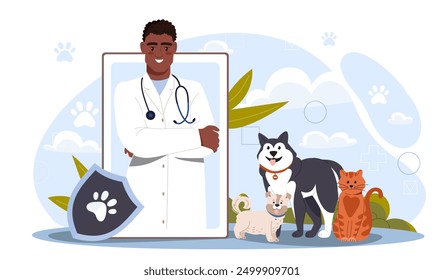 Veterinary doctor online. Man in medical uniform with stethoscope on smartphone screen next to dogs and cats. Diagnosis and treatment, consultation on internet. Flat vector illustration