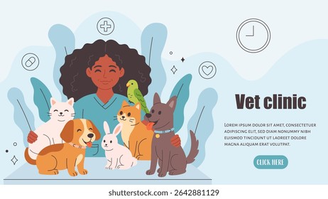 Veterinary doctor with pets. Pets in a veterinary clinic. Veterinarian day. Vector illustration in flat style