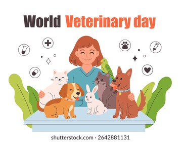 Veterinary doctor with pets. Pets in a veterinary clinic. Veterinarian day. Vector illustration in flat style