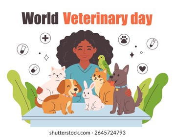 Médico veterinário com animais de estimação. Animais numa clínica veterinária. Dia do veterinário. Ilustração vetorial em estilo plano