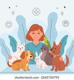 Médico veterinário com animais de estimação. Animais numa clínica veterinária. Dia do veterinário. Ilustração vetorial em estilo plano