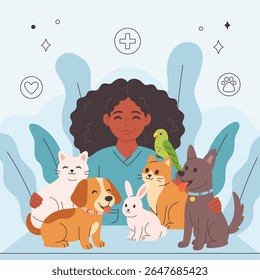 Veterinary doctor with pets. Pets in a veterinary clinic. Veterinarian day. Vector illustration in flat style