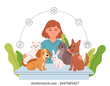 Médico veterinário com animais de estimação. Animais numa clínica veterinária. Dia do veterinário. Ilustração vetorial em estilo plano