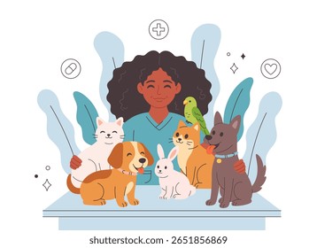 Médico veterinário com animais de estimação. Animais numa clínica veterinária. Dia do veterinário. Ilustração vetorial em estilo plano