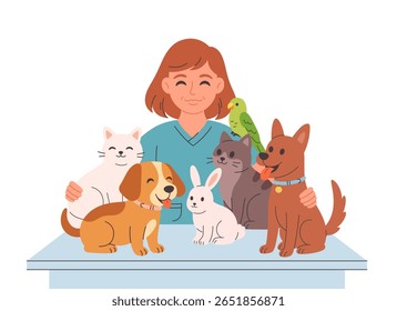 Veterinary doctor with pets. Pets in a veterinary clinic. Veterinarian day. Vector illustration in flat style