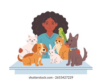 Médico veterinário com animais de estimação. Animais numa clínica veterinária. Dia do veterinário. Ilustração vetorial em estilo plano