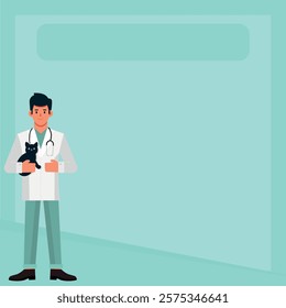 Veterinary doctor, profession illustration, flat designer, holding a cat, notebook, paper