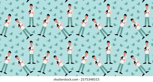 Veterinary doctor, profession illustration, flat designer, holding a cat, pattern repeat